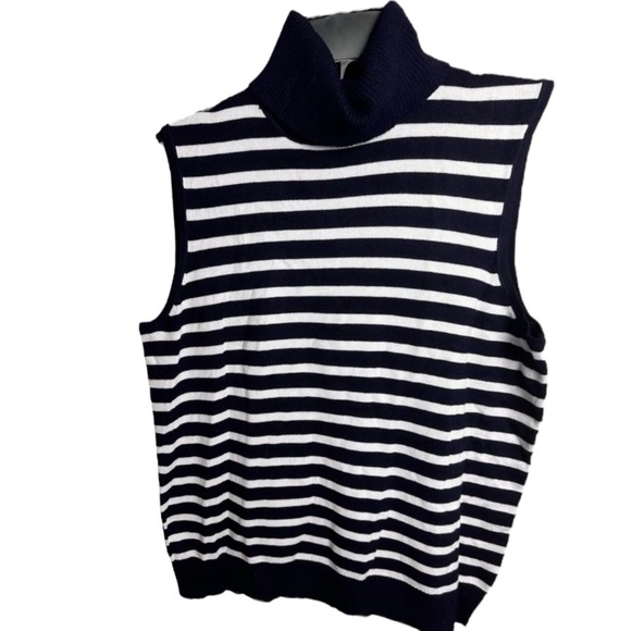 Cable & Gauge Navy White Nautical Stripe Sleeveless Turtleneck Sweater Knit Sz L - Picture 14 of 15